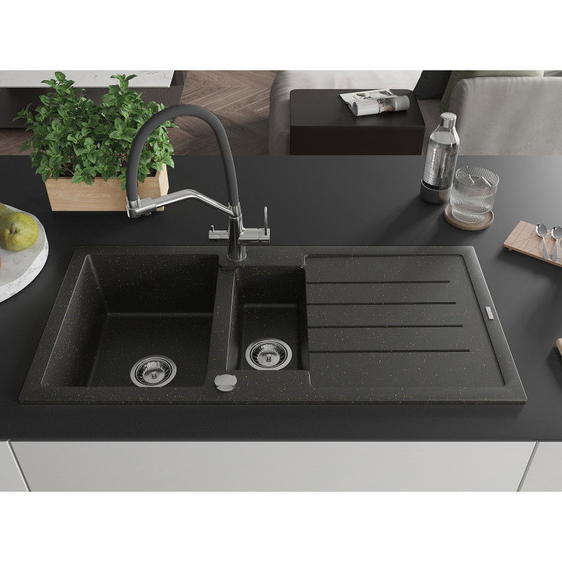 Mexen Andres 1.5-bowl granite sink with drainer and Duo kitchen tap, black/golden metallic - 6515-75-671701-07
