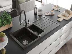 Mexen Andres 1.5-bowl granite sink with drainer and Duo kitchen faucet, black/gold metallic - 6515-75-671701-07