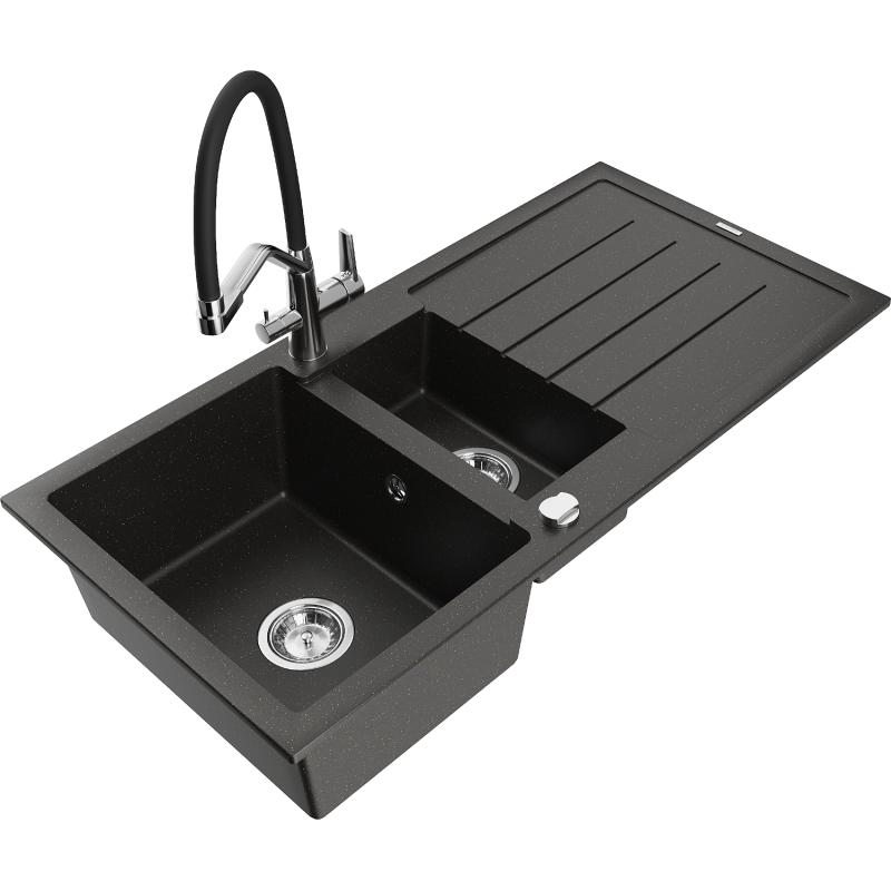 Mexen Andres 1.5-compartment granite sink with a drip tray and kitchen mixer tap Duo, Black/ gold metallic - 6515-75-671701-07