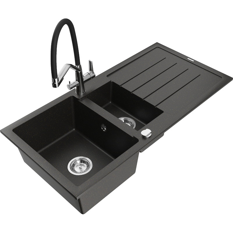 Mexen Andres granite sink 1.5-bowl with drainer and Duo kitchen faucet, black/gold metallic - 6515-75-671701-07