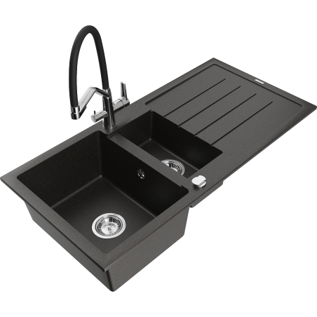 Mexen Andres granite sink 1.5-bowl with drainer and Duo kitchen faucet, black/gold metallic - 6515-75-671701-07