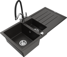 Mexen Andres 1.5-bowl granite sink with drainer and Duo kitchen faucet, black/gold metallic - 6515-75-671701-07