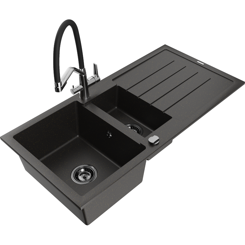 Mexen Andres 1.5-compartment granite sink with a drip tray and kitchen mixer tap Duo, Black/ gold metallic - 6515-75-671701-07-B