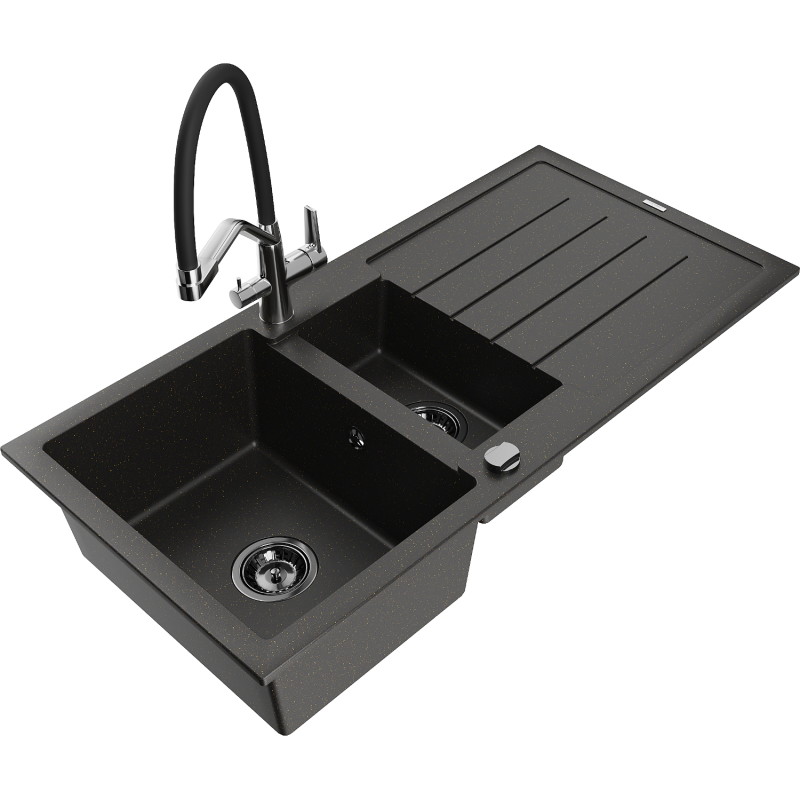 Mexen Andres granite kitchen sink 1.5-bowl with drainer and Duo kitchen faucet, black/gold metallic - 6515-75-671701-07-B