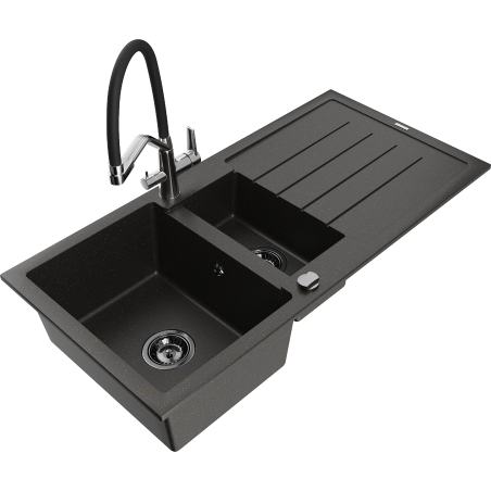 Mexen Andres 1.5-compartment granite sink with a drip tray and kitchen mixer tap Duo, Black/ gold metallic - 6515-75-671701-07-B