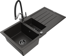Mexen Andres 1.5-compartment granite sink with a drip tray and kitchen mixer tap Duo, Black/ gold metallic - 6515-75-671701-07-B
