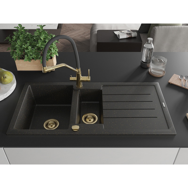 Mexen Andres granite sink 1.5-bowl with drainer and kitchen faucet Duo, black/golden metallic - 6515-75-671701-57-G