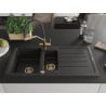Mexen Andres granite kitchen sink 1.5-bowl with drainer and kitchen faucet Duo, black/gold metallic - 6515-75-671701-57-G