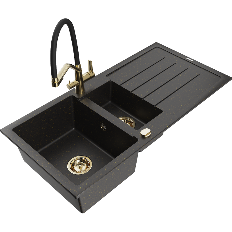 Mexen Andres 1.5-compartment granite sink with a drip tray and kitchen mixer tap Duo, Black/ gold metallic - 6515-75-671701-57-G
