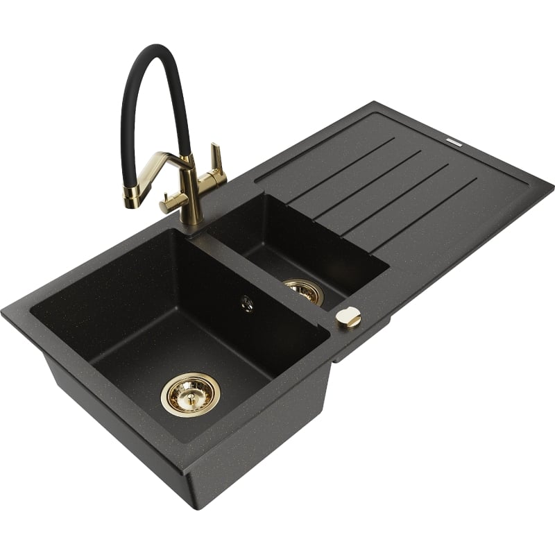 Mexen Andres granite kitchen sink 1.5-bowl with drainer and kitchen faucet Duo, black/gold metallic - 6515-75-671701-57-G