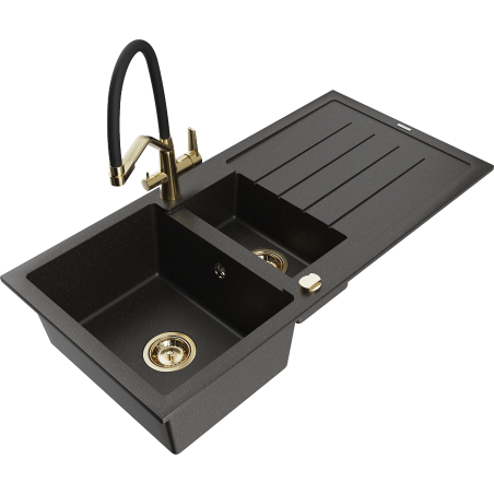 Mexen Andres granite kitchen sink 1.5-bowl with drainer and kitchen faucet Duo, black/gold metallic - 6515-75-671701-57-G
