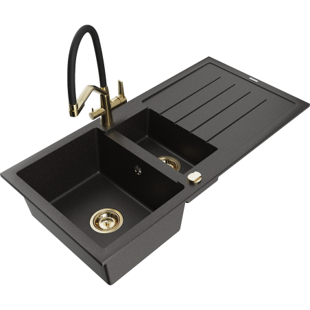 Mexen Andres granite sink 1.5-bowl with drainer and kitchen faucet Duo, black/golden metallic - 6515-75-671701-57-G