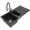 Mexen Andres granite kitchen sink 1.5-bowl with drainer and kitchen faucet Duo, black/gold metallic - 6515-75-671701-57-G