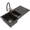 Mexen Andres granite sink 1.5-bowl with drainer and kitchen faucet Duo, black/golden metallic - 6515-75-671701-57-G