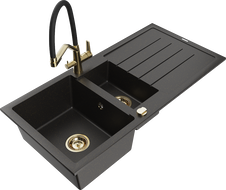 Mexen Andres granite kitchen sink 1.5-bowl with drainer and kitchen faucet Duo, black/gold metallic - 6515-75-671701-57-G