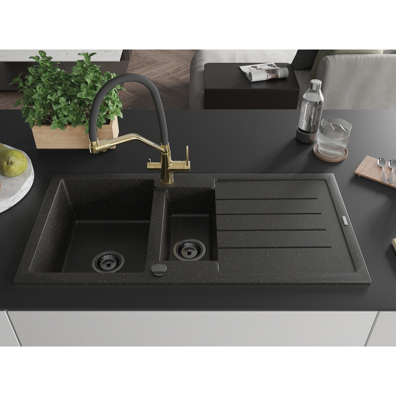 Mexen Andres 1.5-bowl granite sink with drainer and kitchen faucet Duo, black/gold metallic - 6515-75-671701-57-B