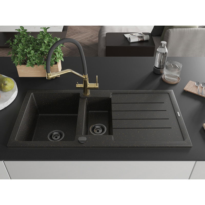 Mexen Andres granite sink 1.5-bowl with drainer and Duo kitchen tap, black/golden metallic - 6515-75-671701-57-B
