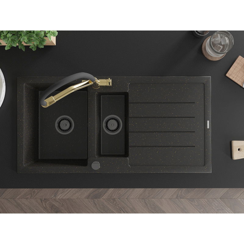 Mexen Andres granite sink 1.5-bowl with drainer and Duo kitchen tap, black/golden metallic - 6515-75-671701-57-B