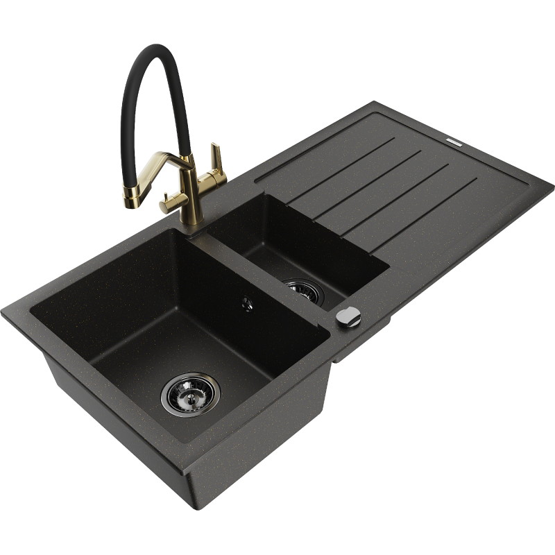 Mexen Andres 1.5-bowl granite sink with drainer and kitchen faucet Duo, black/gold metallic - 6515-75-671701-57-B