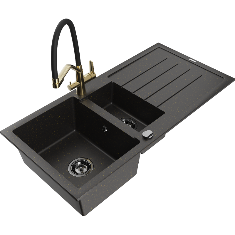 Mexen Andres 1.5-compartment granite sink with a drip tray and kitchen mixer tap Duo, Black/ gold metallic - 6515-75-671701-57-B