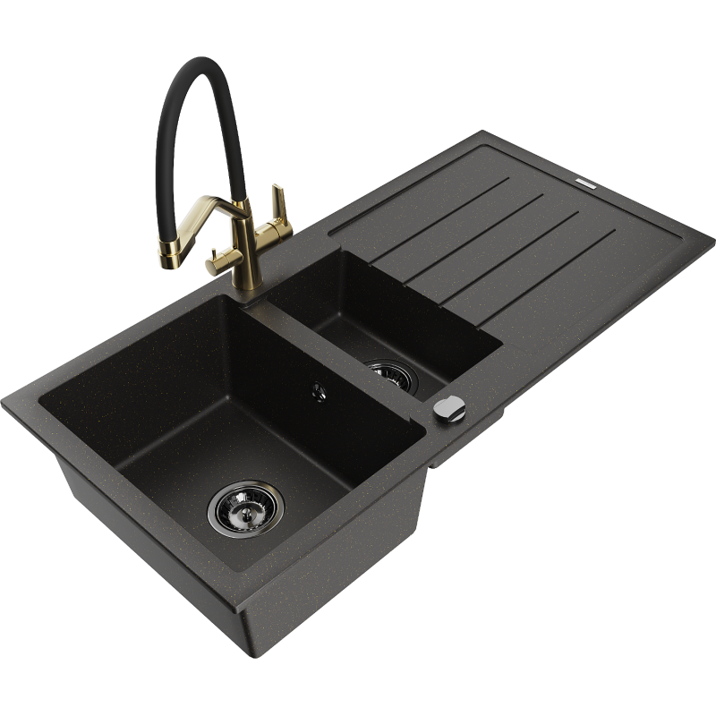 Mexen Andres granite sink 1.5-bowl with drainer and Duo kitchen tap, black/golden metallic - 6515-75-671701-57-B