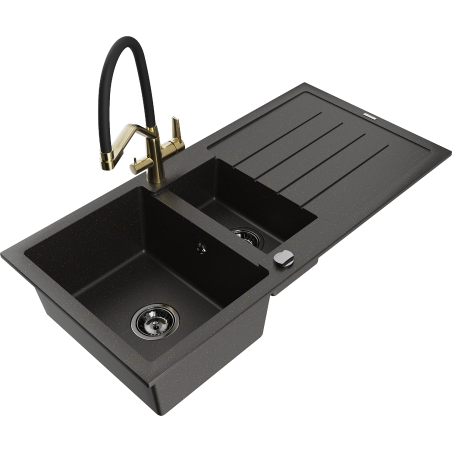 Mexen Andres 1.5-bowl granite sink with drainer and kitchen faucet Duo, black/gold metallic - 6515-75-671701-57-B