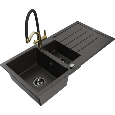 Mexen Andres granite sink 1.5-bowl with drainer and Duo kitchen tap, black/golden metallic - 6515-75-671701-57-B