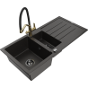 Mexen Andres 1.5-bowl granite sink with drainer and kitchen faucet Duo, black/gold metallic - 6515-75-671701-57-B