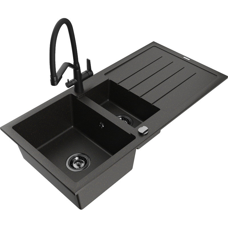 Mexen Andres 1.5-bowl granite sink with drainer and Duo kitchen faucet, black/gold metallic - 6515-75-671701-70-B