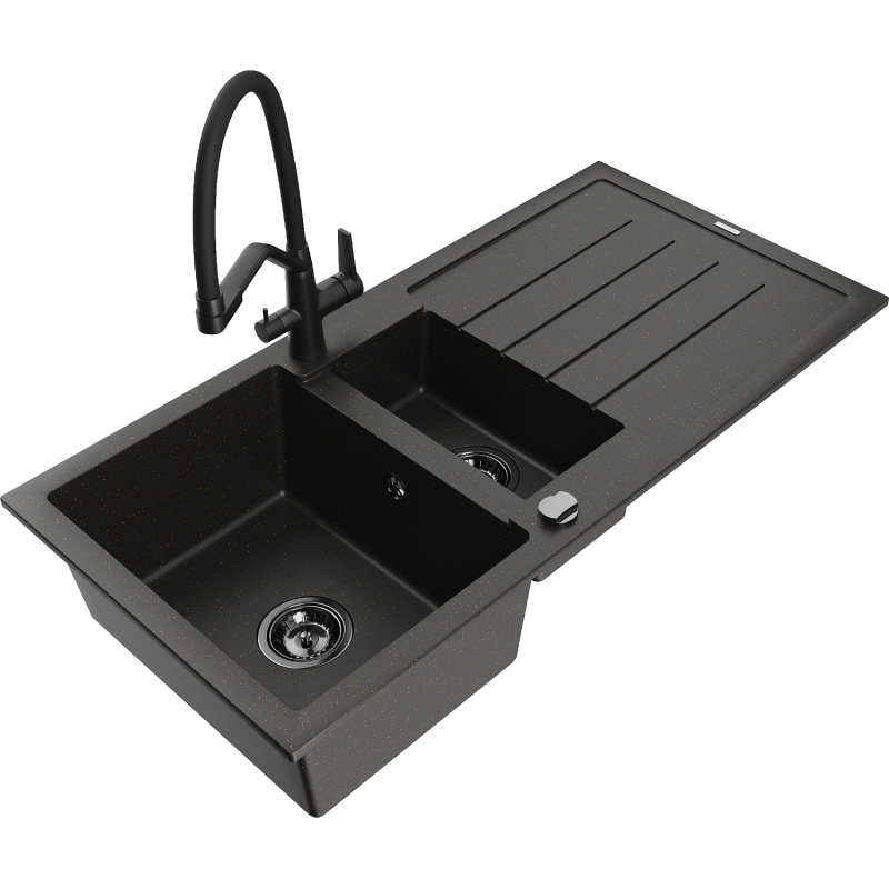 Mexen Andres granite sink 1.5-bowl with drainer and Duo kitchen tap, black/gold metallic - 6515-75-671701-70-B