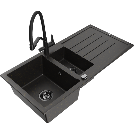 Mexen Andres granite sink 1.5-bowl with drainer and Duo kitchen faucet, black/gold metallic - 6515-75-671701-70-B