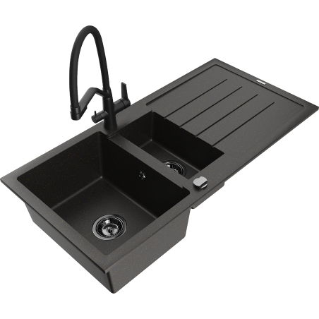 Mexen Andres granite sink 1.5-bowl with drainer and Duo kitchen tap, black/gold metallic - 6515-75-671701-70-B