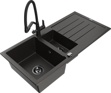 Mexen Andres granite sink 1.5-bowl with drainer and Duo kitchen faucet, black/gold metallic - 6515-75-671701-70-B