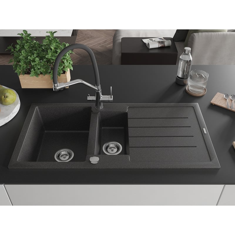 Mexen Andres granite kitchen sink 1.5-bowl with drainer and Duo kitchen faucet, speckled black - 6515-76-671701-07