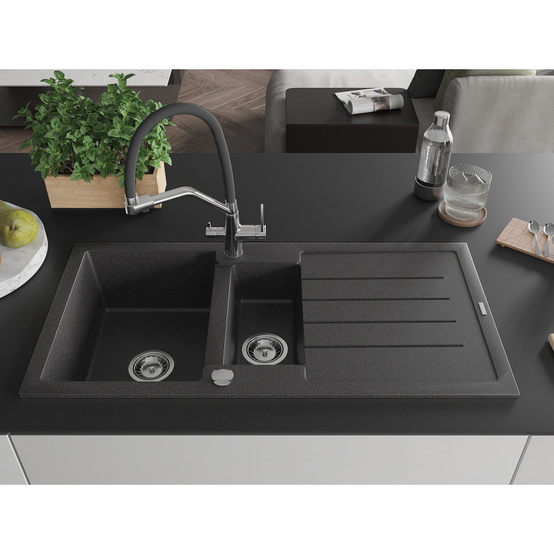 Mexen Andres granite sink 1.5-bowl with drainer and Duo kitchen faucet, speckled black - 6515-76-671701-07