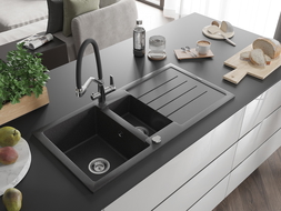 Mexen Andres 1.5-compartment granite sink with a drip tray and kitchen mixer tap Duo, Spotted black - 6515-76-671701-07