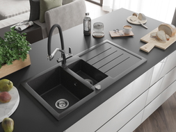 Mexen Andres granite kitchen sink 1.5-bowl with drainer and Duo kitchen faucet, speckled black - 6515-76-671701-07