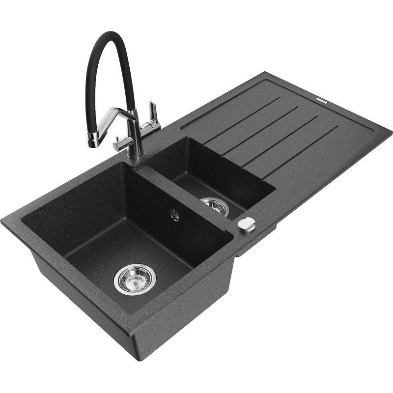 Mexen Andres 1.5-compartment granite sink with a drip tray and kitchen mixer tap Duo, Spotted black - 6515-76-671701-07