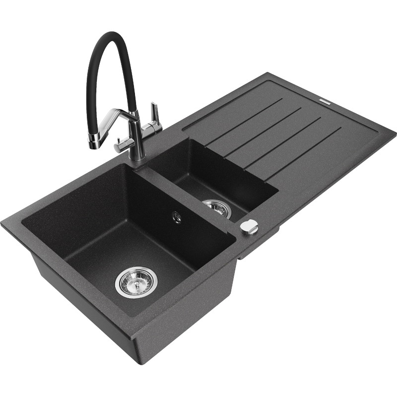 Mexen Andres granite sink 1.5-bowl with drainer and Duo kitchen faucet, speckled black - 6515-76-671701-07