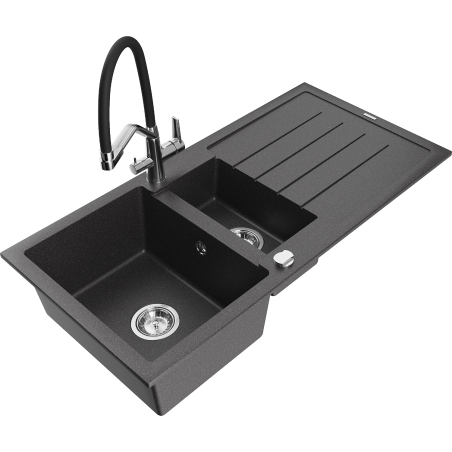 Mexen Andres granite kitchen sink 1.5-bowl with drainer and Duo kitchen faucet, speckled black - 6515-76-671701-07