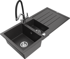 Mexen Andres granite kitchen sink 1.5-bowl with drainer and Duo kitchen faucet, speckled black - 6515-76-671701-07
