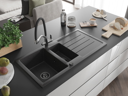 Mexen Andres 1.5-compartment granite sink with a drip tray and kitchen mixer tap Duo, Spotted black - 6515-76-671701-07-B