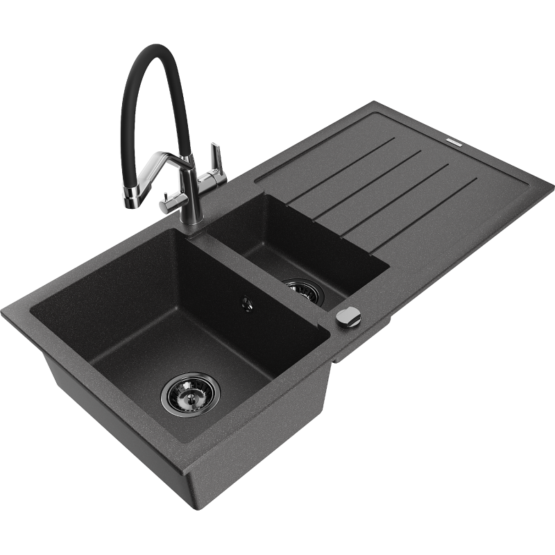Mexen Andres 1.5-compartment granite sink with a drip tray and kitchen mixer tap Duo, Spotted black - 6515-76-671701-07-B