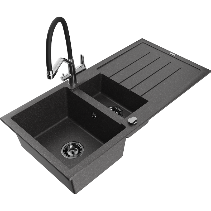 Mexen Andres granite sink 1.5-bowl with drainer and kitchen tap Duo, black speckled - 6515-76-671701-07-B