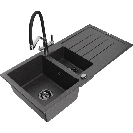 Mexen Andres granite sink 1.5-bowl with drainer and Duo kitchen faucet, speckled black - 6515-76-671701-07-B