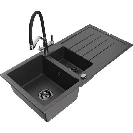 Mexen Andres granite sink 1.5-bowl with drainer and kitchen tap Duo, black speckled - 6515-76-671701-07-B