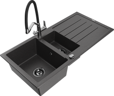 Mexen Andres granite sink 1.5-bowl with drainer and Duo kitchen faucet, black speckled - 6515-76-671701-07-B