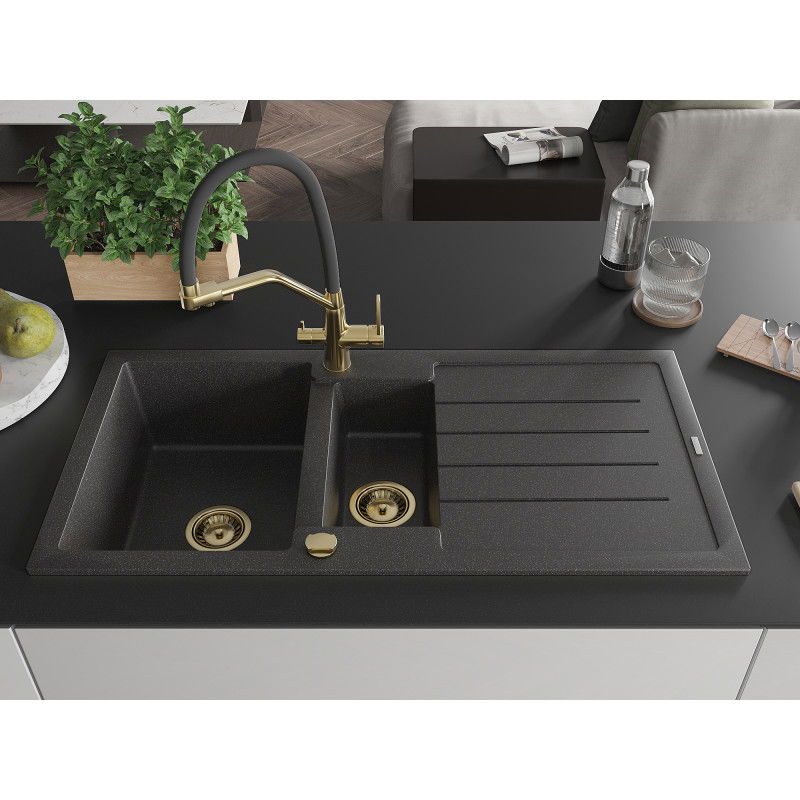 Mexen Andres 1.5-bowl granite sink with drainer and Duo kitchen tap, speckled black - 6515-76-671701-57-G