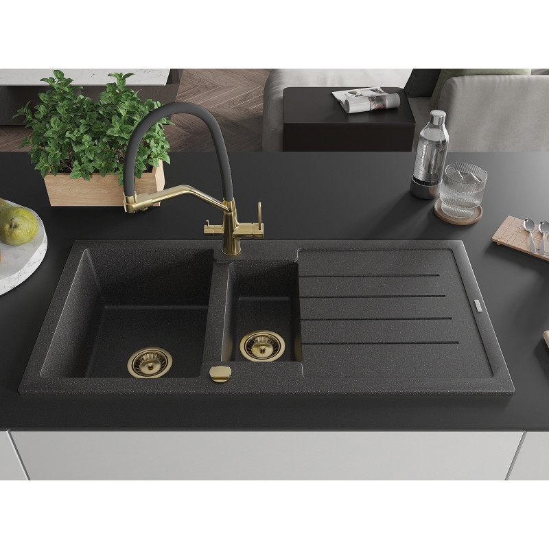 Mexen Andres granite kitchen sink 1.5-bowl with drainer and Duo kitchen faucet, black speckled - 6515-76-671701-57-G