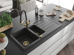 Mexen Andres 1.5-bowl granite sink with drainer and Duo kitchen faucet, black speckled - 6515-76-671701-57-G